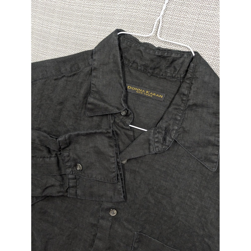 Donna Karan Shirt Womens Small Black Linen Button Up Long Sleeve Made In Italy